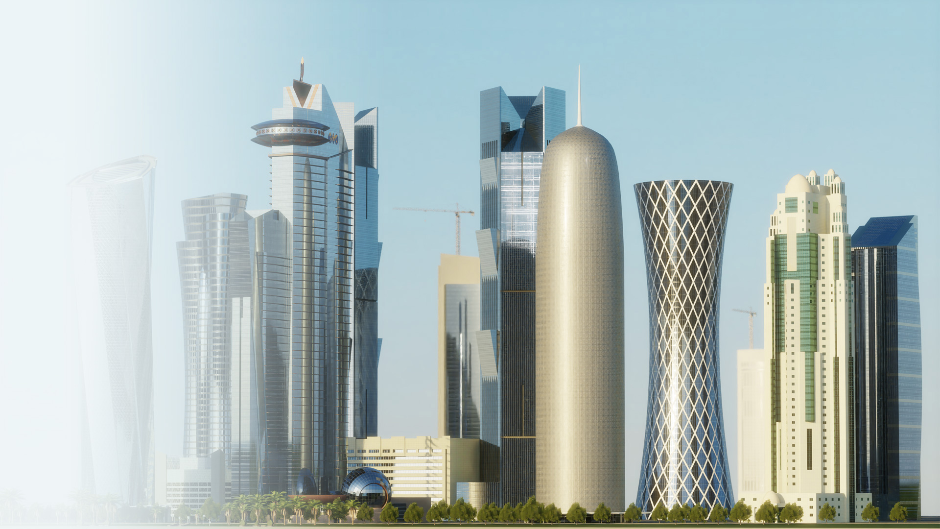 3D city scene, skyscrapers, Doha, Qatar