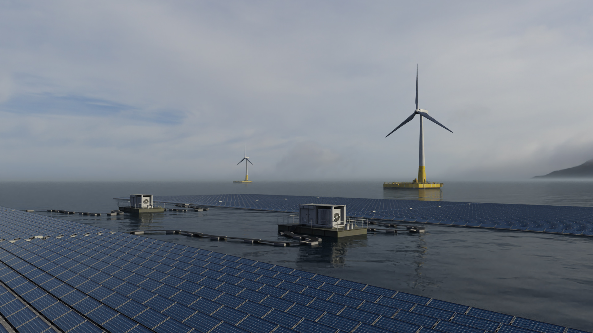 Offshore solar farm and floating wind farm visualization