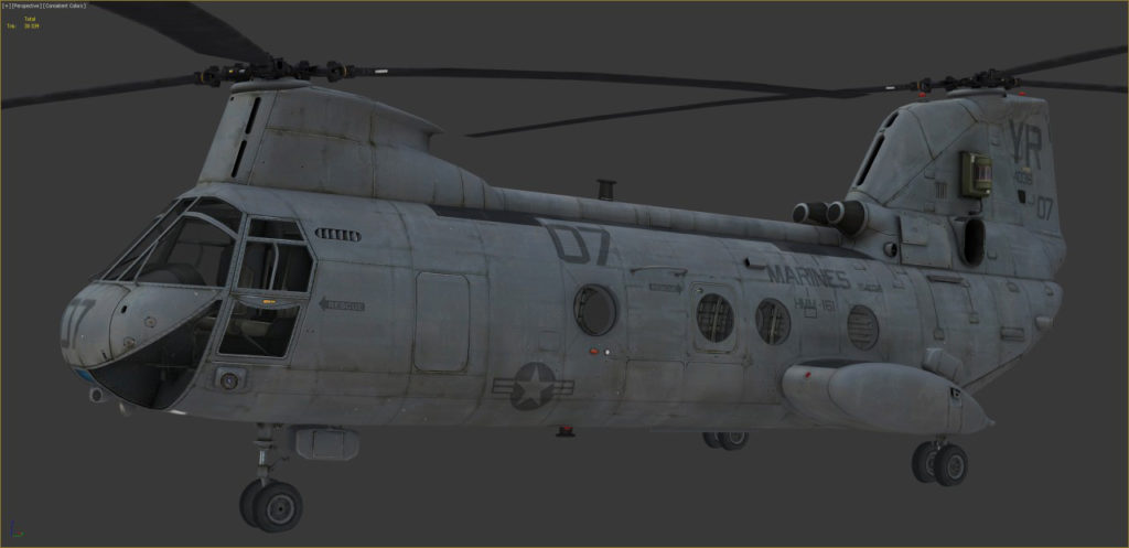CH-46 Sea Knight helicopter model in the 3D modeling window, âNo lightâ mode (Consistent colors)