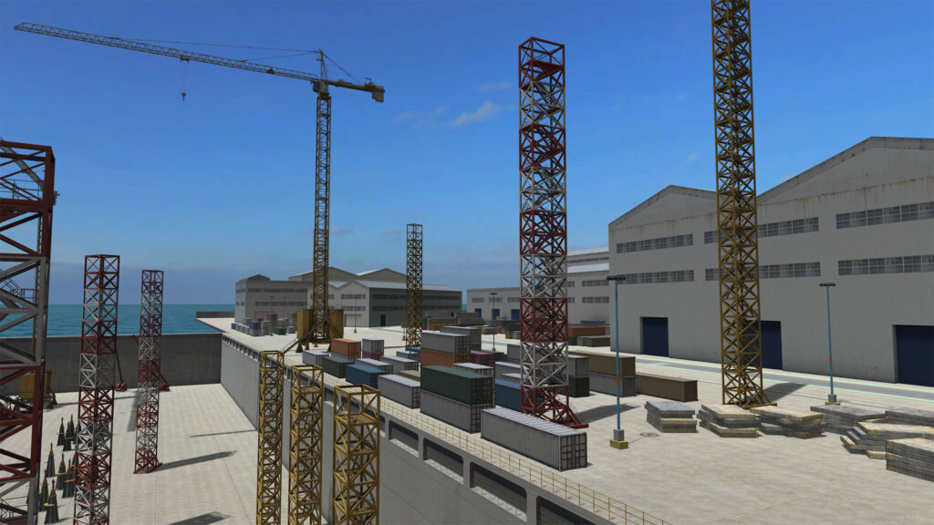 Tower crane, scaffolding, and warehouses
